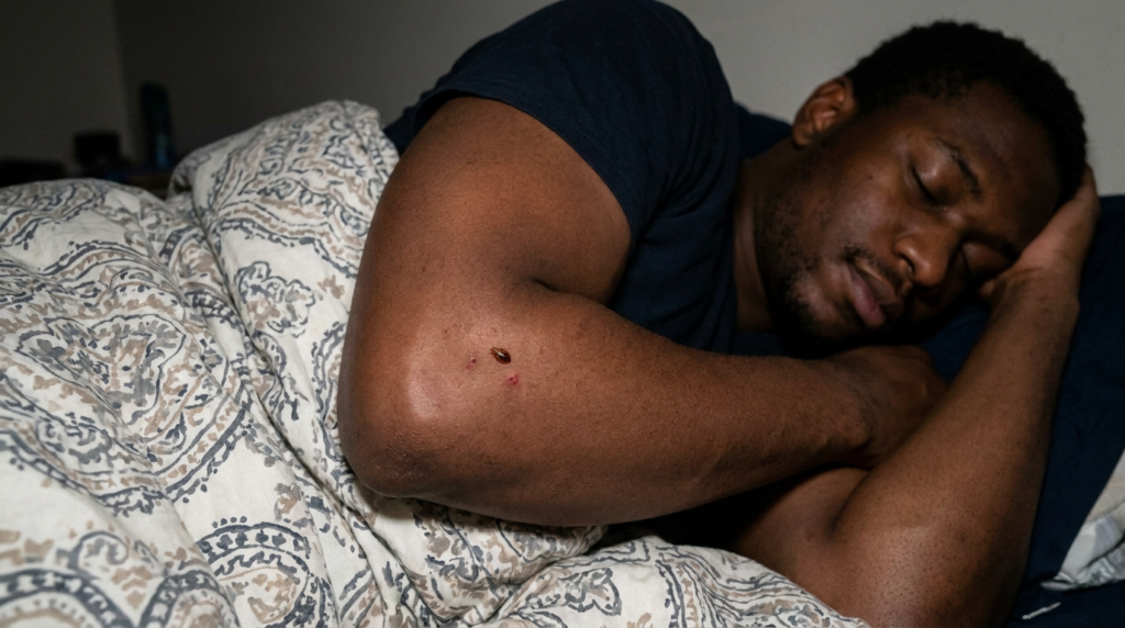Person sleeping with bed bug visible