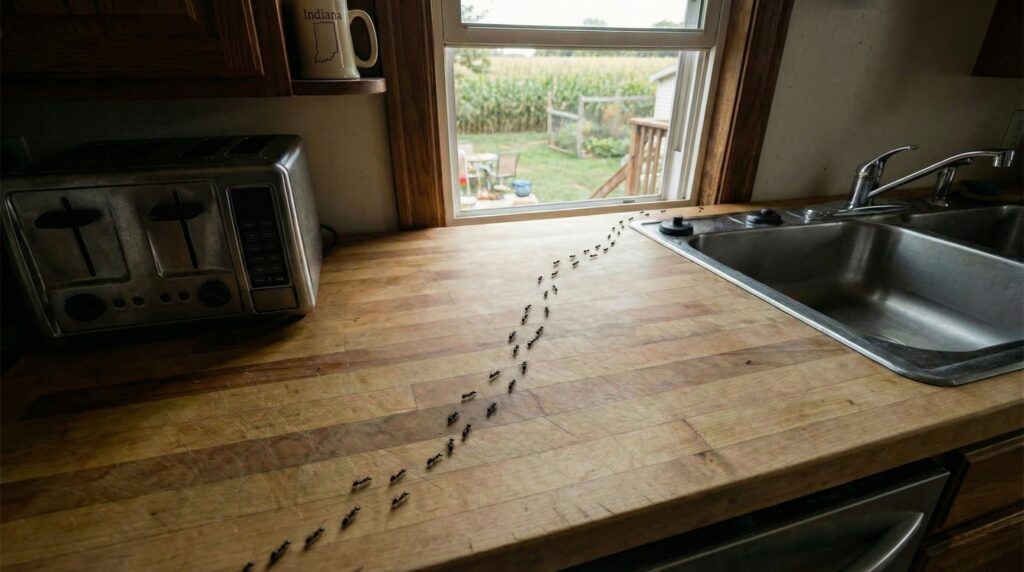 Ants marching across a kitchen countertop.