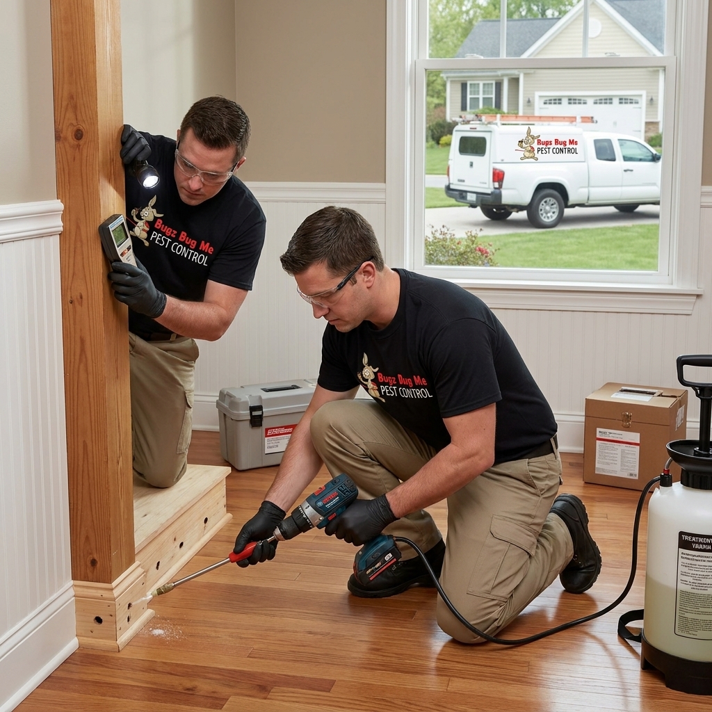 licensed pest control team spraying perimeter foundation