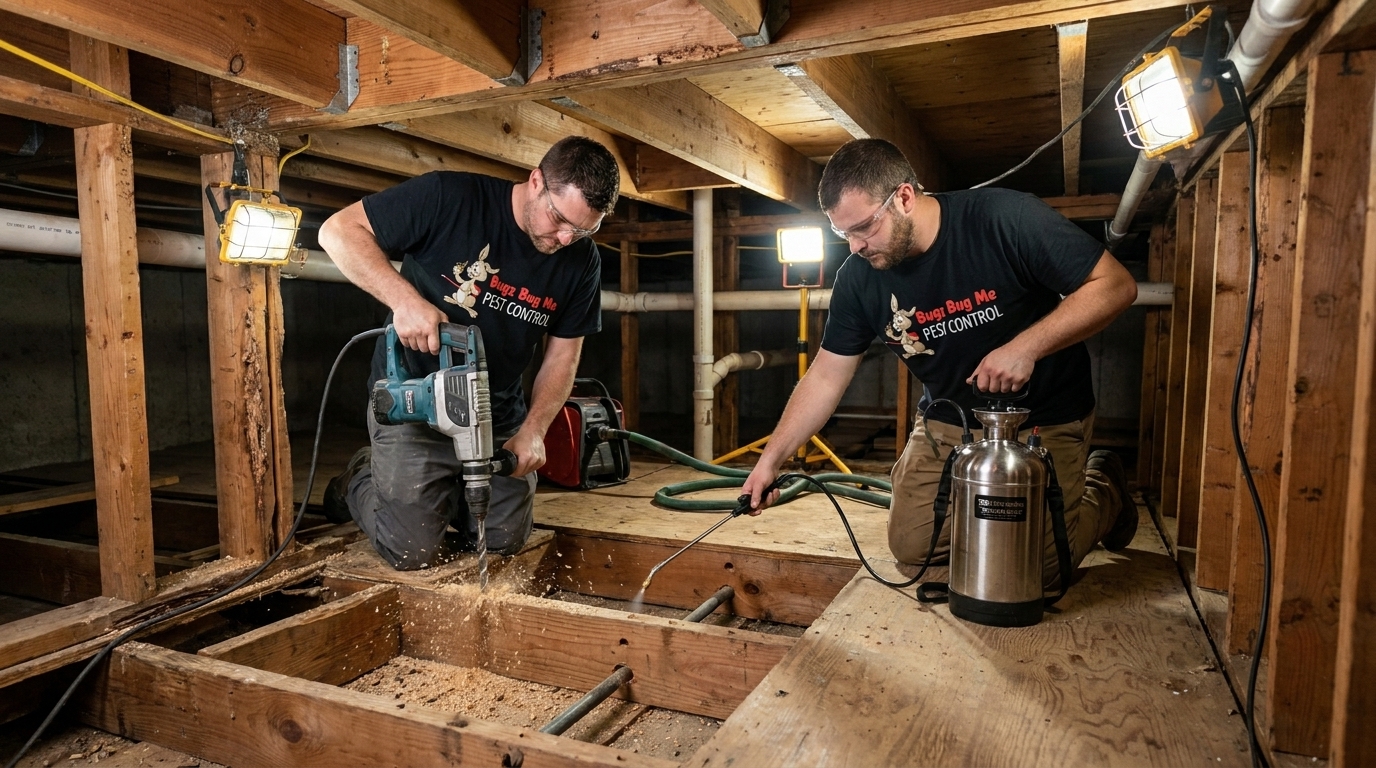termite treatment technician under house crawlspace