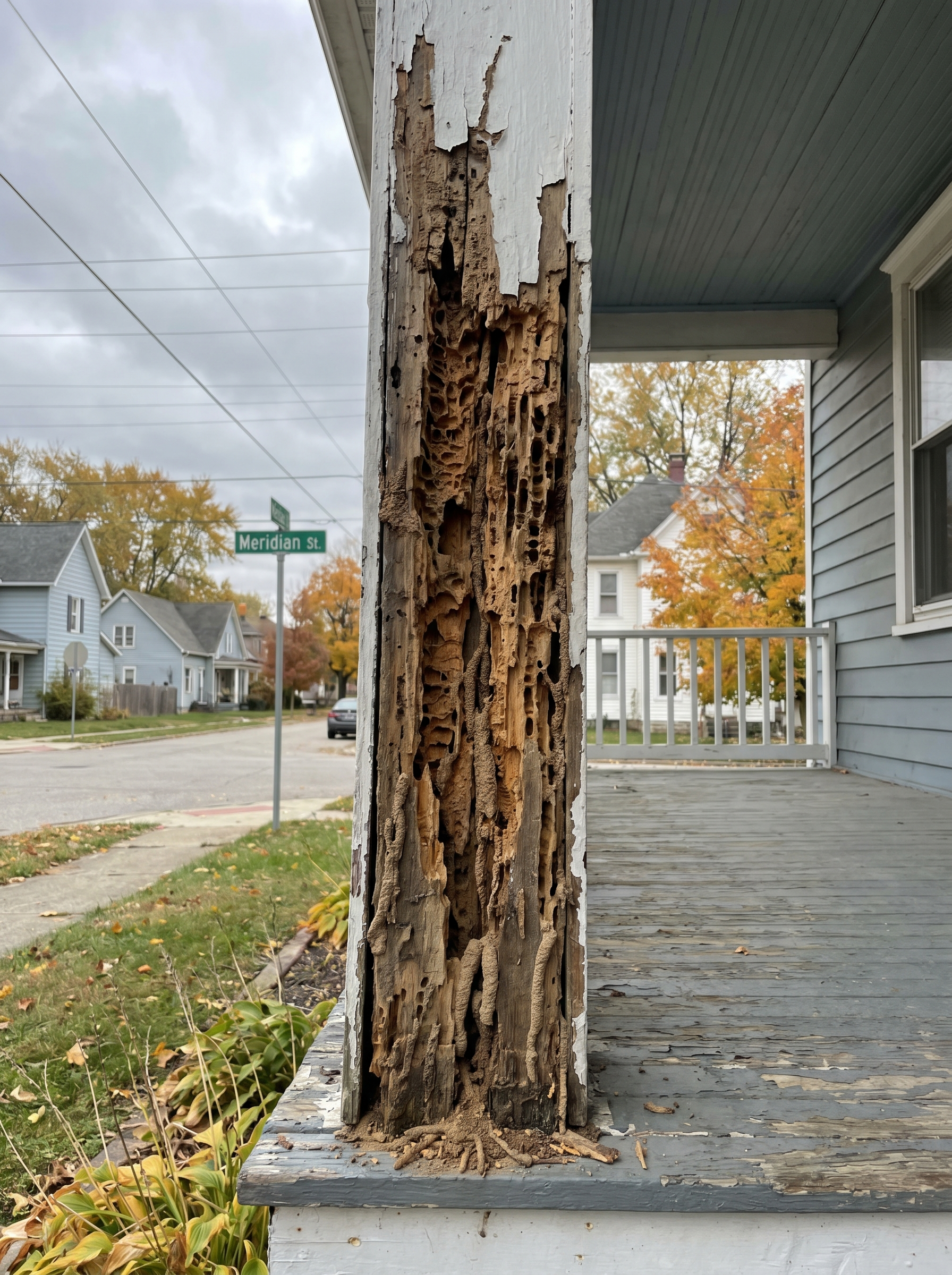 Termite damage on a wooden column showing why regular termite inspections are important in Indiana